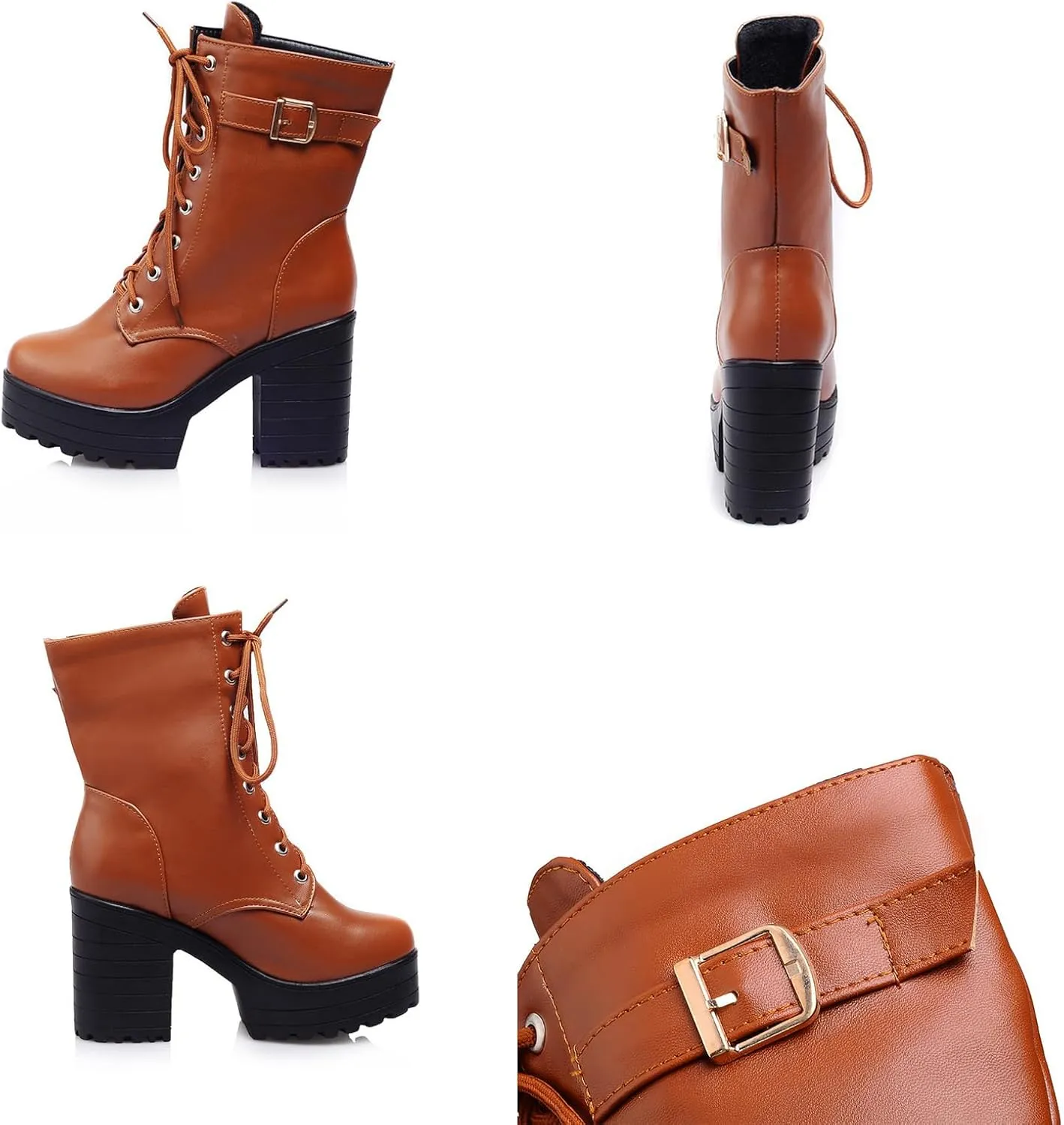 Women's Lace Up Chunky Heel Gothic Ankle Boots Fashion Buckle Lug Sole Motorcycle Boots Combat Heeled Booties