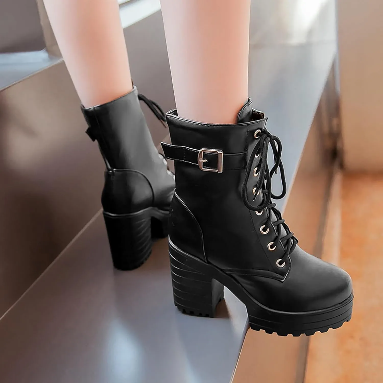 Women's Lace Up Chunky Heel Gothic Ankle Boots Fashion Buckle Lug Sole Motorcycle Boots Combat Heeled Booties
