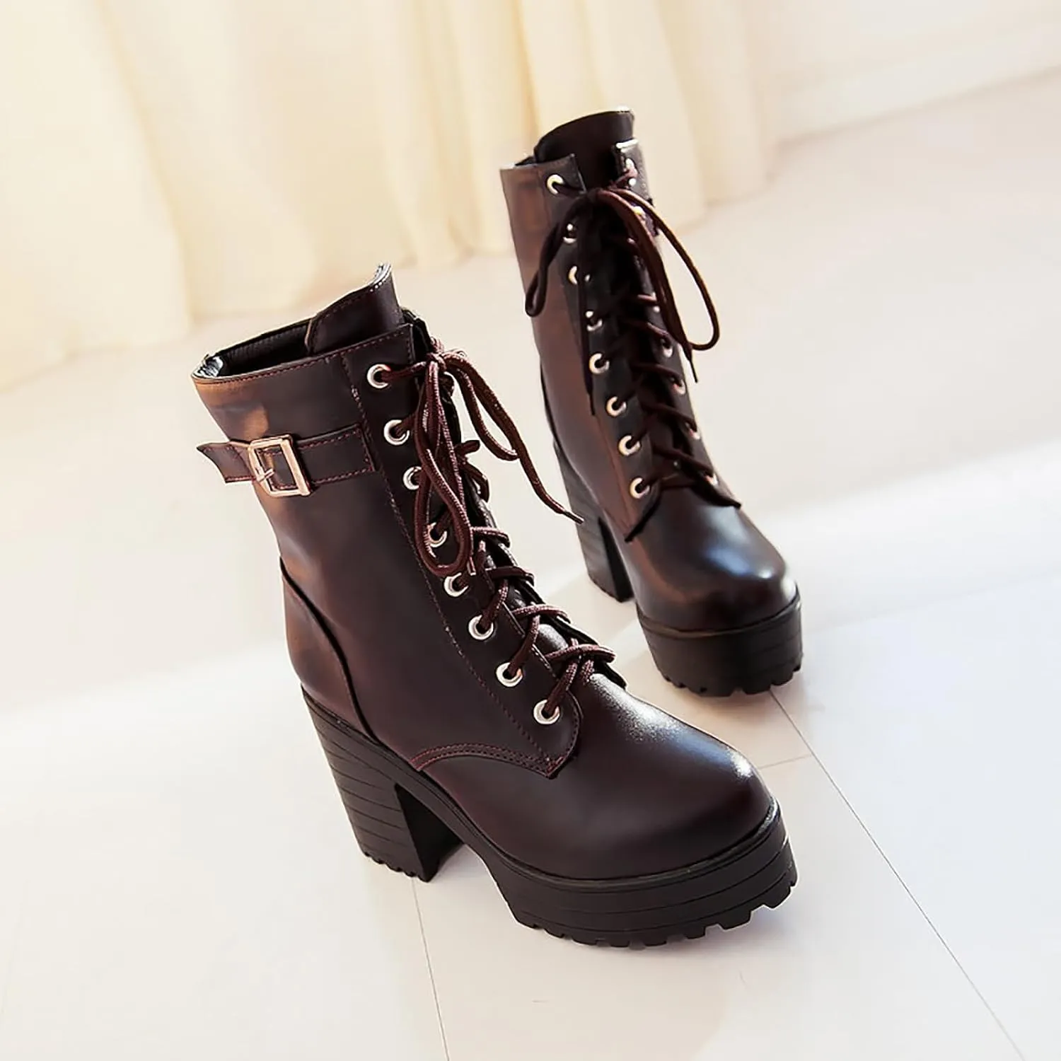 Women's Lace Up Chunky Heel Gothic Ankle Boots Fashion Buckle Lug Sole Motorcycle Boots Combat Heeled Booties