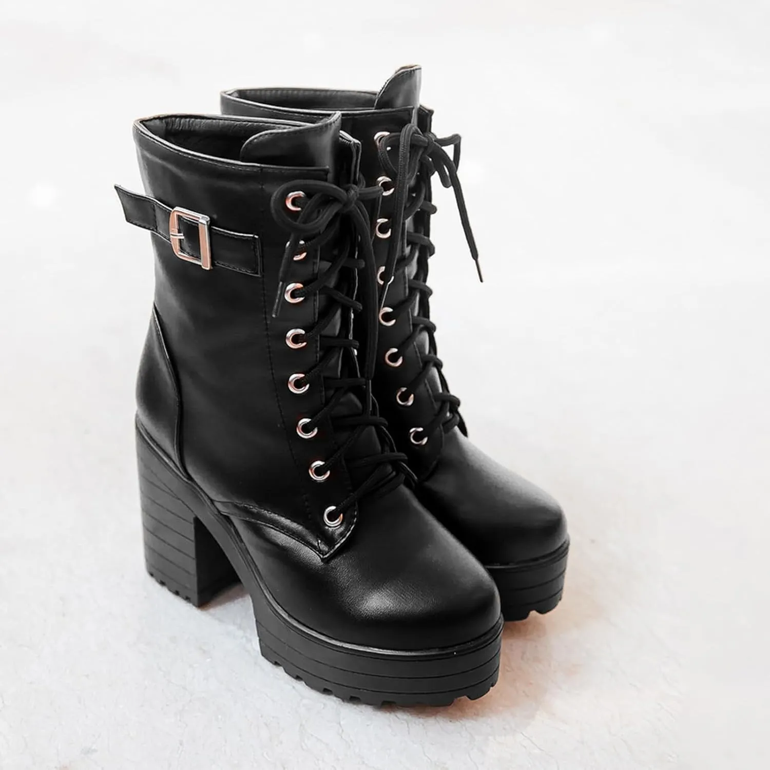 Women's Lace Up Chunky Heel Gothic Ankle Boots Fashion Buckle Lug Sole Motorcycle Boots Combat Heeled Booties