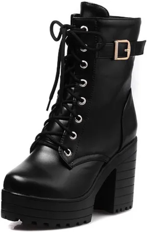 Women's Lace Up Chunky Heel Gothic Ankle Boots Fashion Buckle Lug Sole Motorcycle Boots Combat Heeled Booties