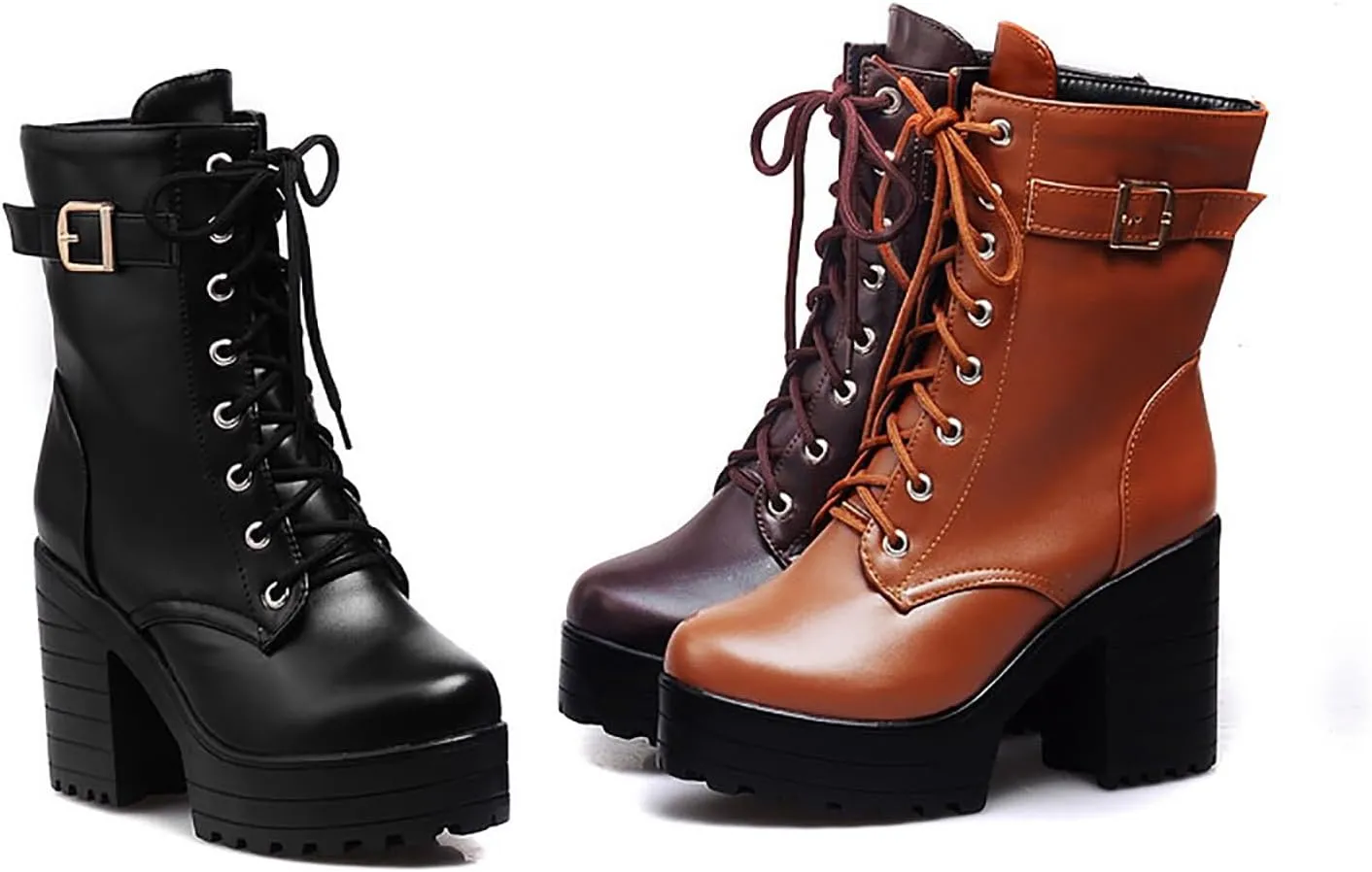 Women's Lace Up Chunky Heel Gothic Ankle Boots Fashion Buckle Lug Sole Motorcycle Boots Combat Heeled Booties
