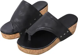 Women's Leather Flip-Flops Chunky Wedge Solid Color Summer Thong Sandals Non-Slip Athletic Beach Flip Flops Shoes