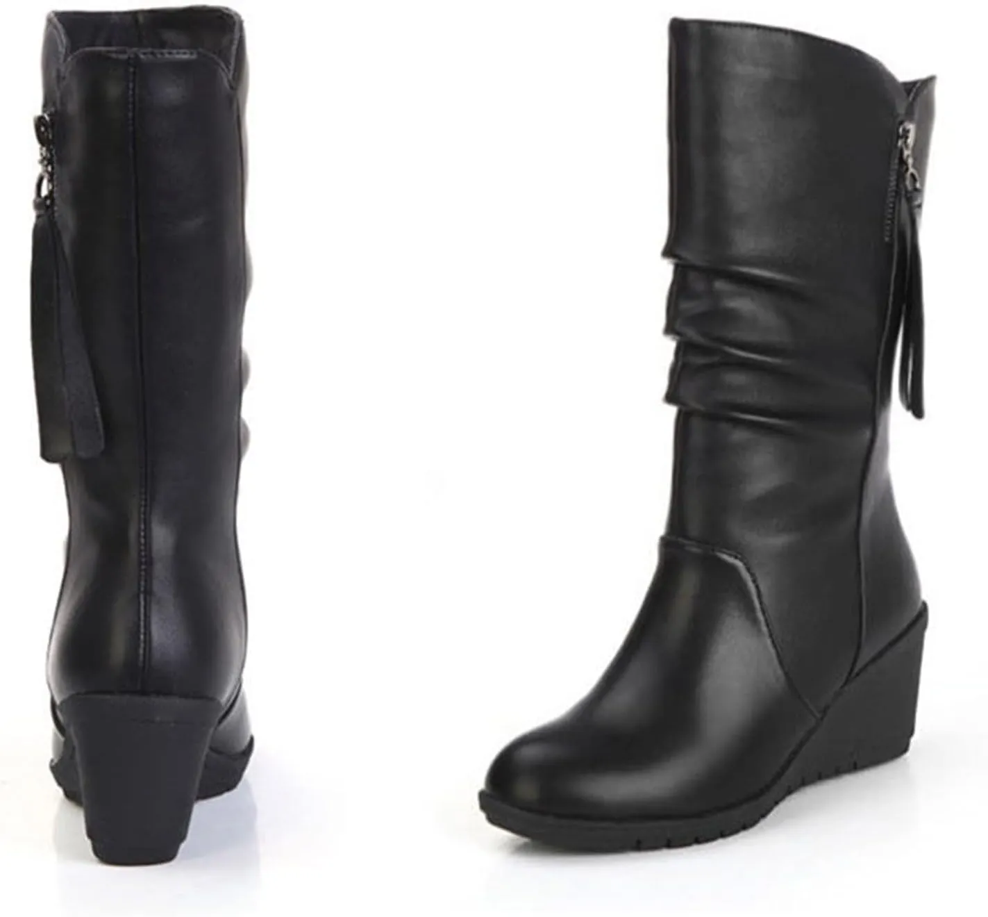Women's Leather Snow Boots Fashion Side Zipper Winter Wedge Boots Water Proof Insulated Leather Wedge Boots