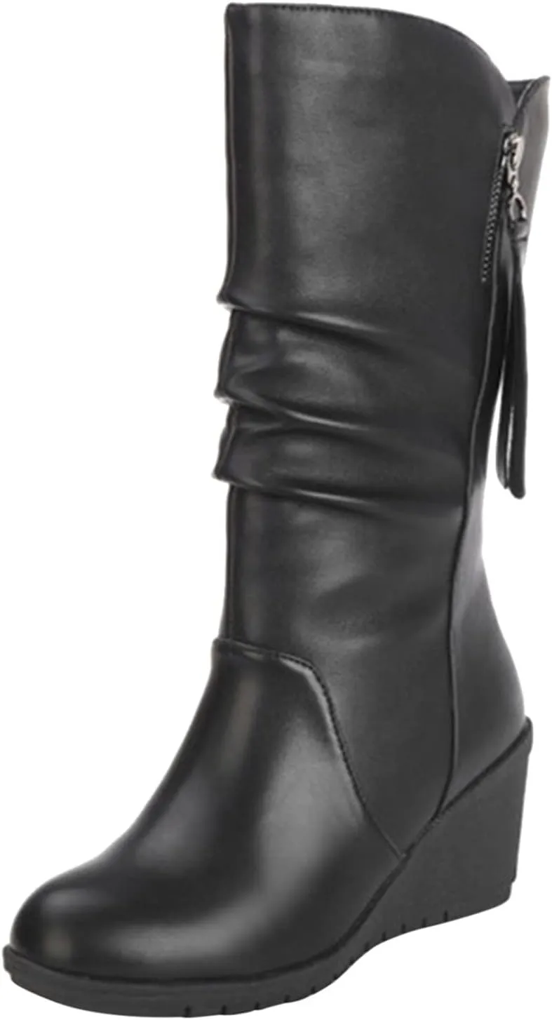 Women's Leather Snow Boots Fashion Side Zipper Winter Wedge Boots Water Proof Insulated Leather Wedge Boots