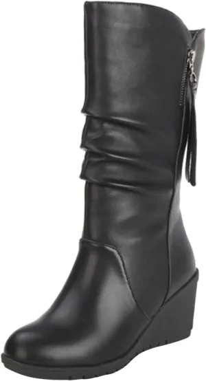Women's Leather Snow Boots Fashion Side Zipper Winter Wedge Boots Water Proof Insulated Leather Wedge Boots
