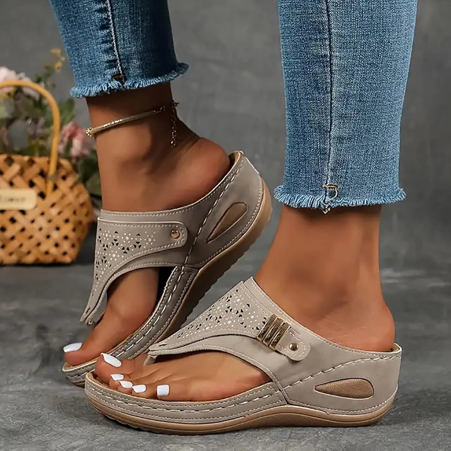 Women's Orthopedic Wedge Sandals - Blue Flip Flops - Wide Width - Dressy Casual Platform Thong Ankle Strap Sandals for Women