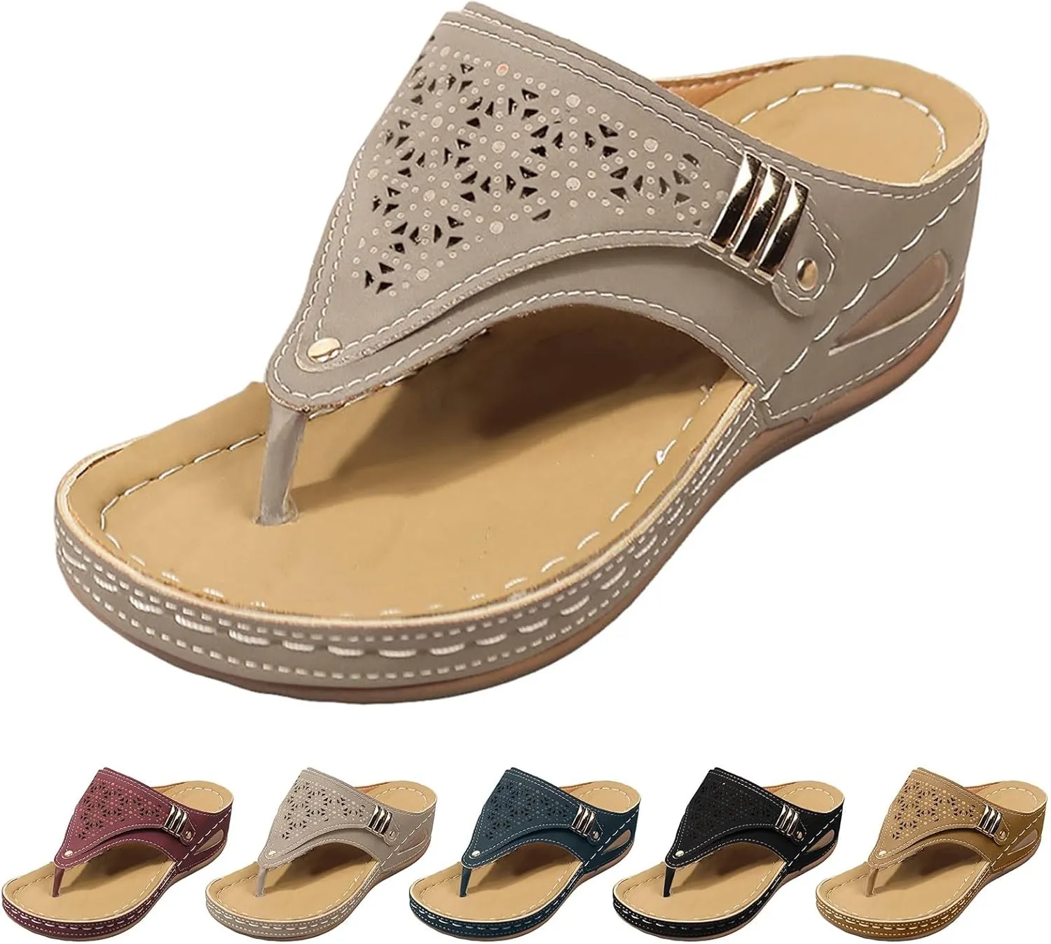 Women's Orthopedic Wedge Sandals - Blue Flip Flops - Wide Width - Dressy Casual Platform Thong Ankle Strap Sandals for Women