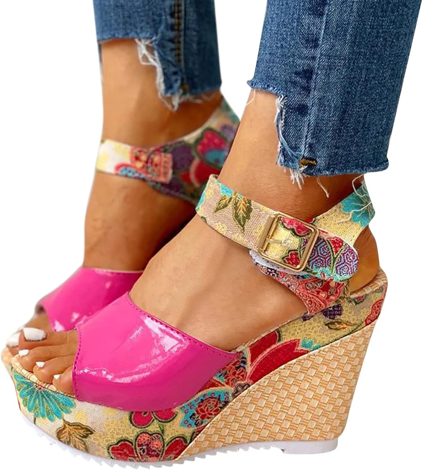 Women's Printing Flower Espadrille Wedges Platform Sandals Comfortable Buckle Ankle Strap Casual High Lace Sandal