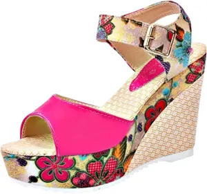 Women's Printing Flower Espadrille Wedges Platform Sandals Comfortable Buckle Ankle Strap Casual High Lace Sandal