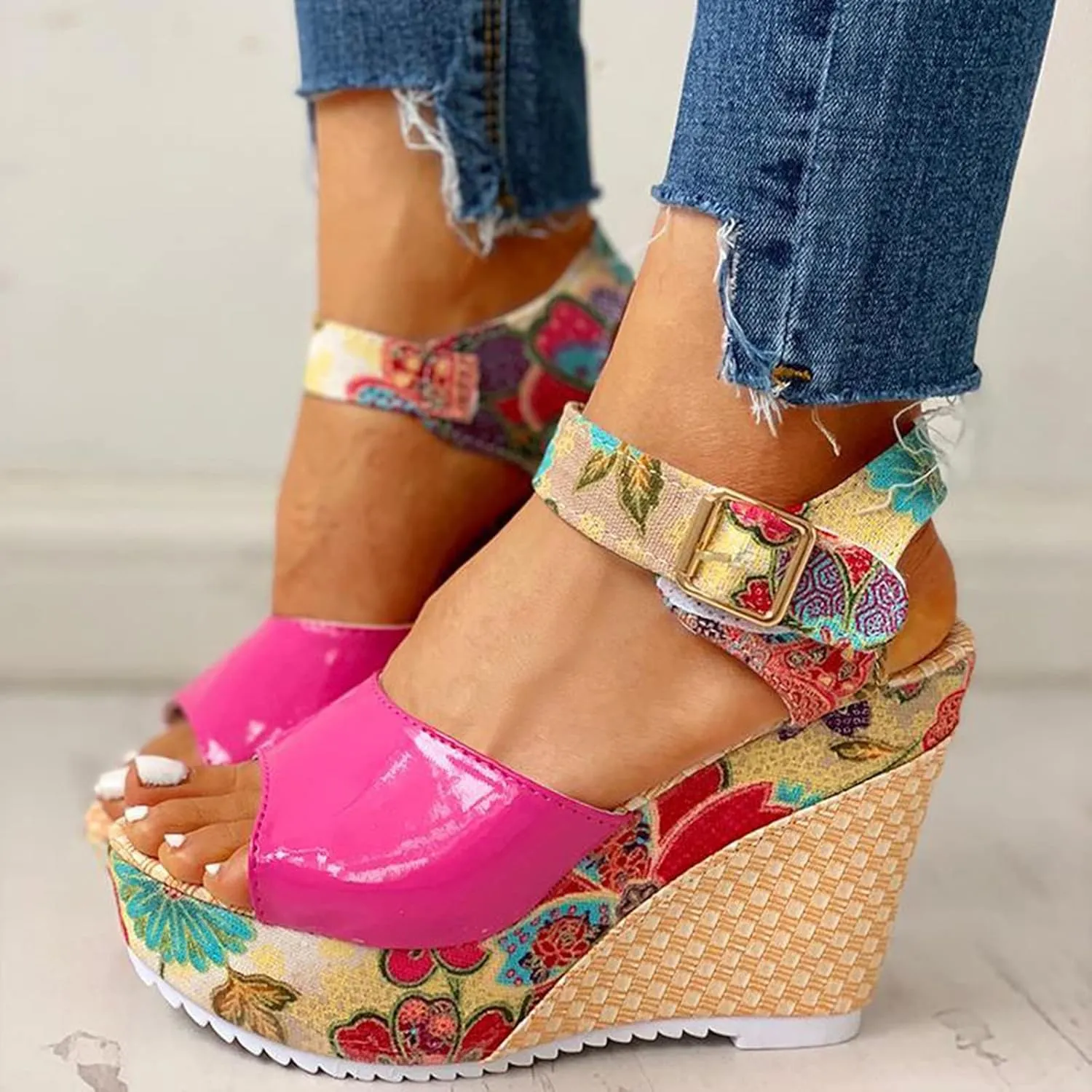 Women's Printing Flower Espadrille Wedges Platform Sandals Comfortable Buckle Ankle Strap Casual High Lace Sandal