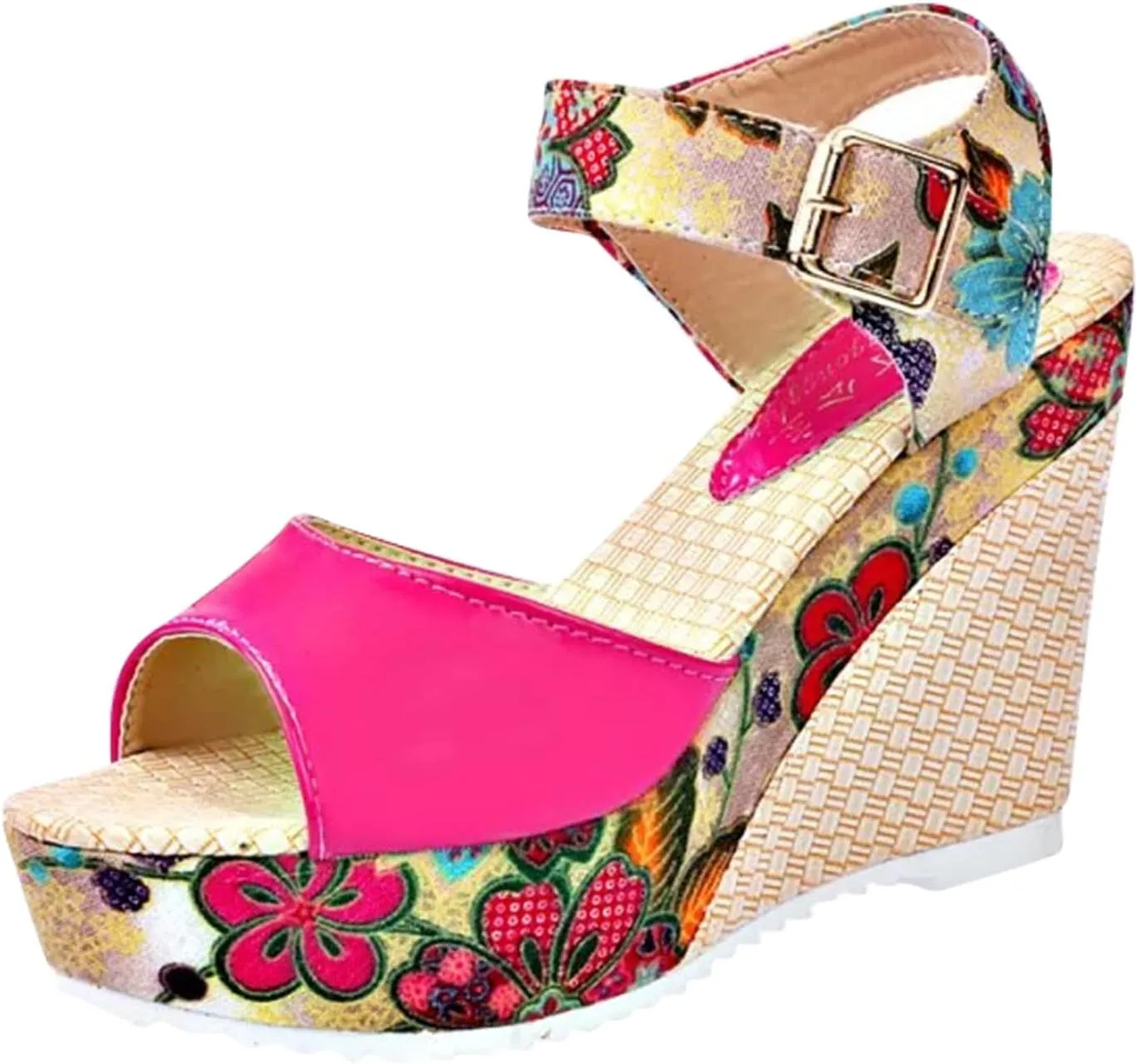 Women's Printing Flower Espadrille Wedges Platform Sandals Comfortable Buckle Ankle Strap Casual High Lace Sandal