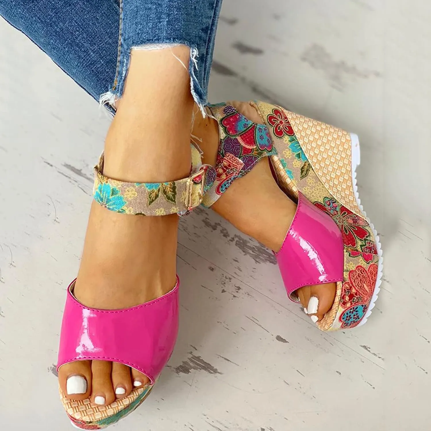Women's Printing Flower Espadrille Wedges Platform Sandals Comfortable Buckle Ankle Strap Casual High Lace Sandal