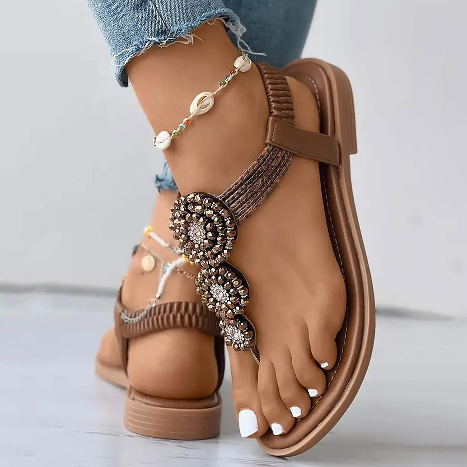 Womens Sandals, Women's Flower Sandals, Summer Flat Clip-Toe Sandals Strappy Retro Bohemian Sandals Wedding Travel Shoes