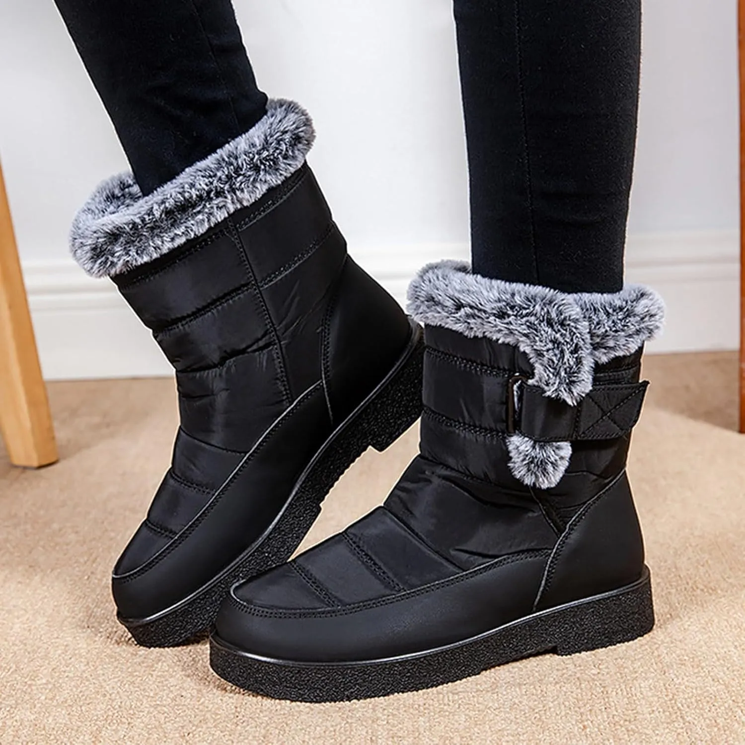 Womens Snow Boots Waterproof, Winter Snow Boots Lightweight Warm Faux Fur Lined Mid-Calf Booties Outdoor Booties Comfortable Furry Mid Calf Warm Shoes for Women