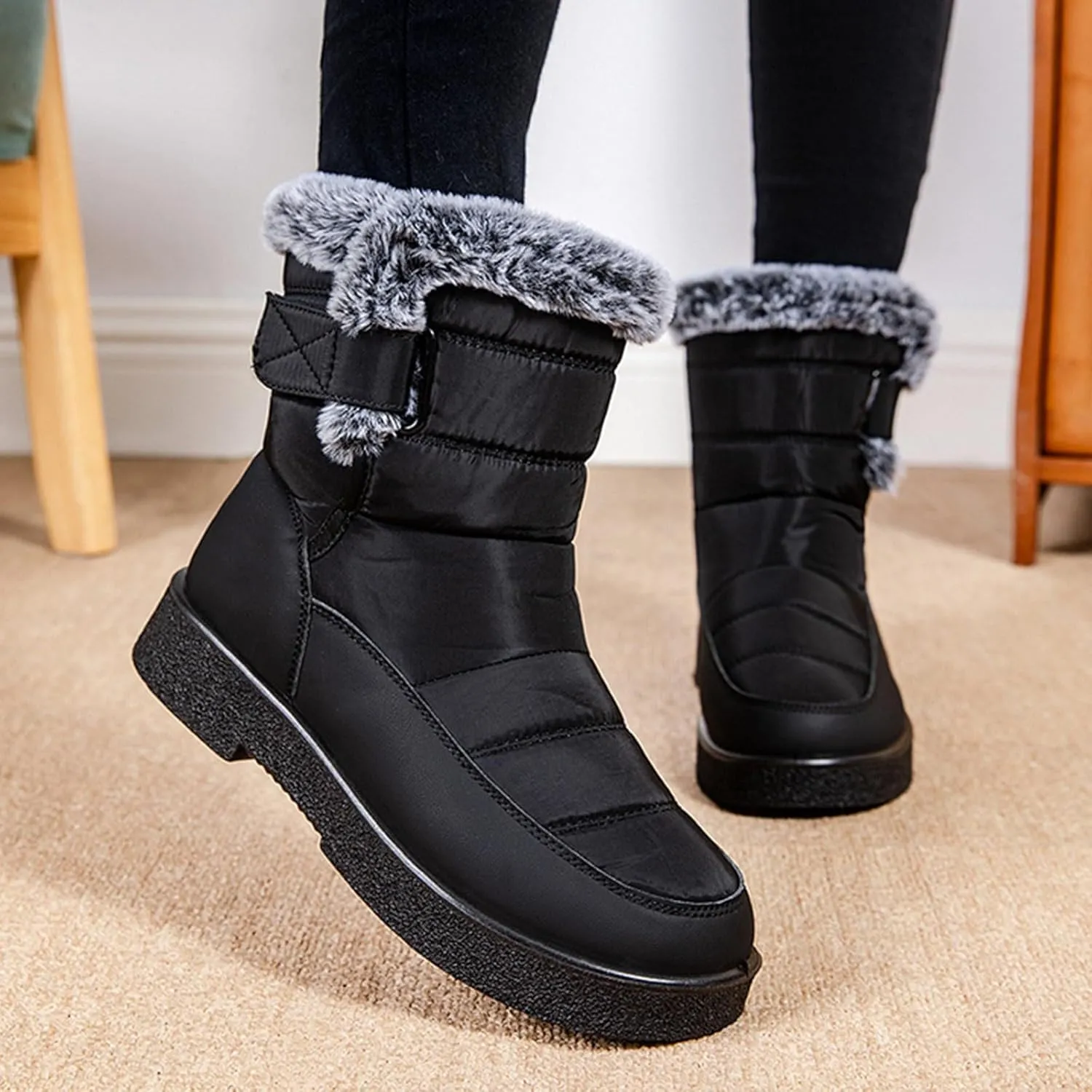 Womens Snow Boots Waterproof, Winter Snow Boots Lightweight Warm Faux Fur Lined Mid-Calf Booties Outdoor Booties Comfortable Furry Mid Calf Warm Shoes for Women