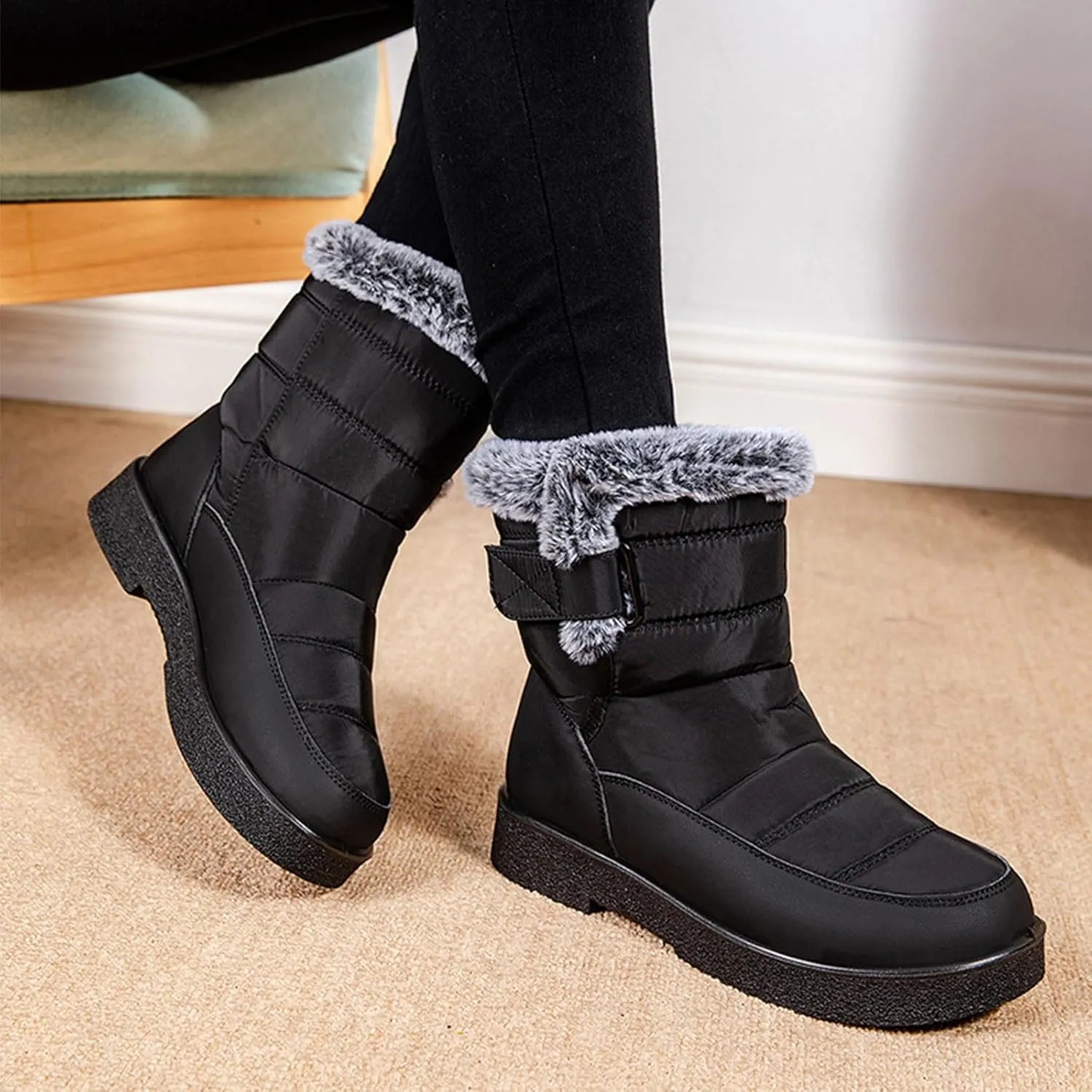 Womens Snow Boots Waterproof, Winter Snow Boots Lightweight Warm Faux Fur Lined Mid-Calf Booties Outdoor Booties Comfortable Furry Mid Calf Warm Shoes for Women