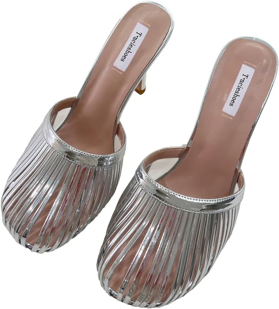 Women's Strappy Mule Sandals Round Toe 3.5 Inch Stiletto High Heeled Slip-on Slippers Patent Metallic Leather Ladies Shoes