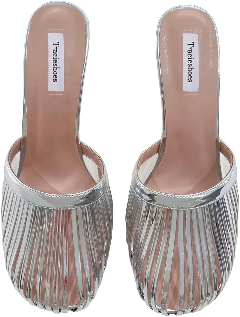 Women's Strappy Mule Sandals Round Toe 3.5 Inch Stiletto High Heeled Slip-on Slippers Patent Metallic Leather Ladies Shoes