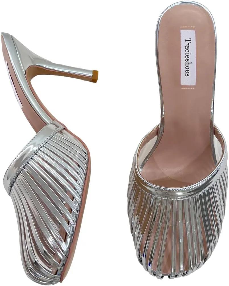 Women's Strappy Mule Sandals Round Toe 3.5 Inch Stiletto High Heeled Slip-on Slippers Patent Metallic Leather Ladies Shoes