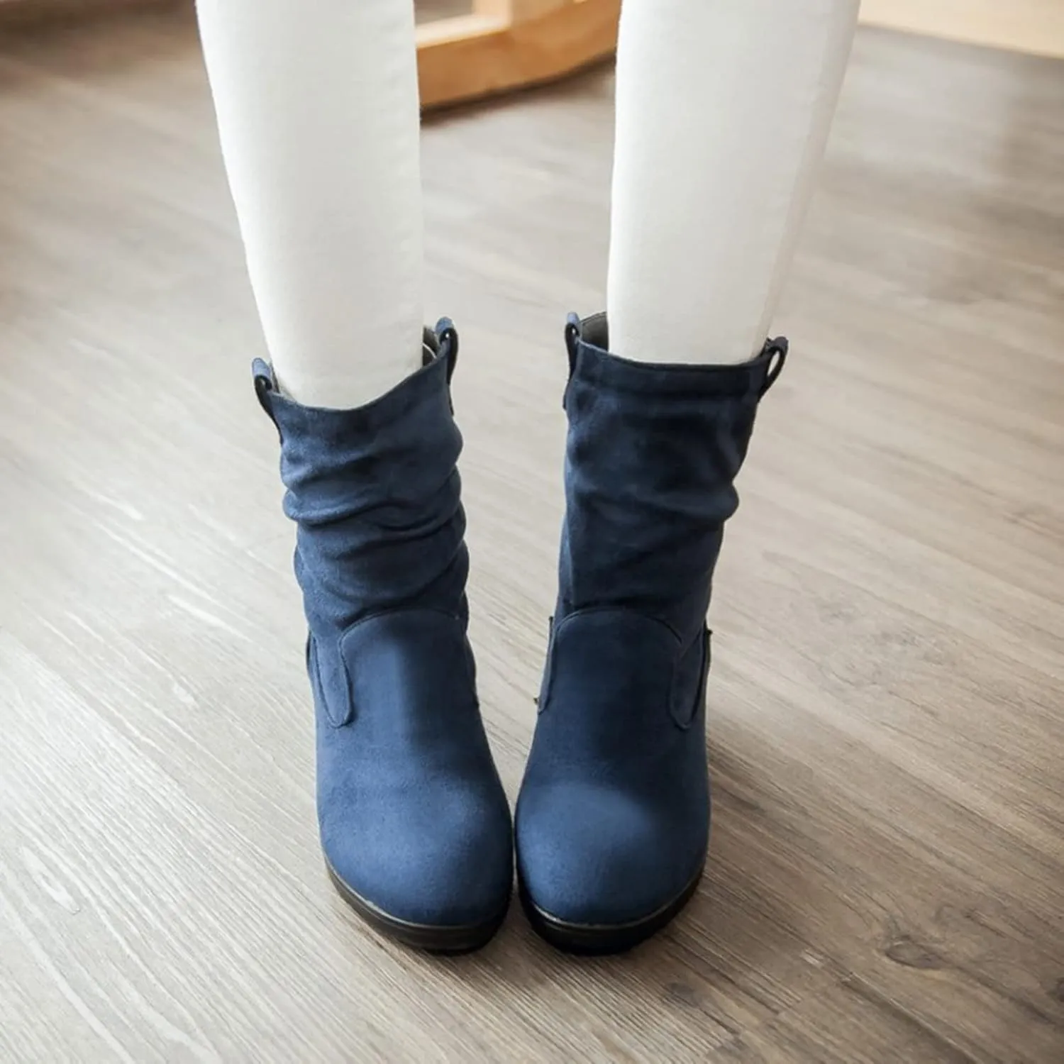 Women's Suede Mid Calf Boots Round Toe Wedge Heel Winter Snow Boots Outdoor Warm Ankle Booties