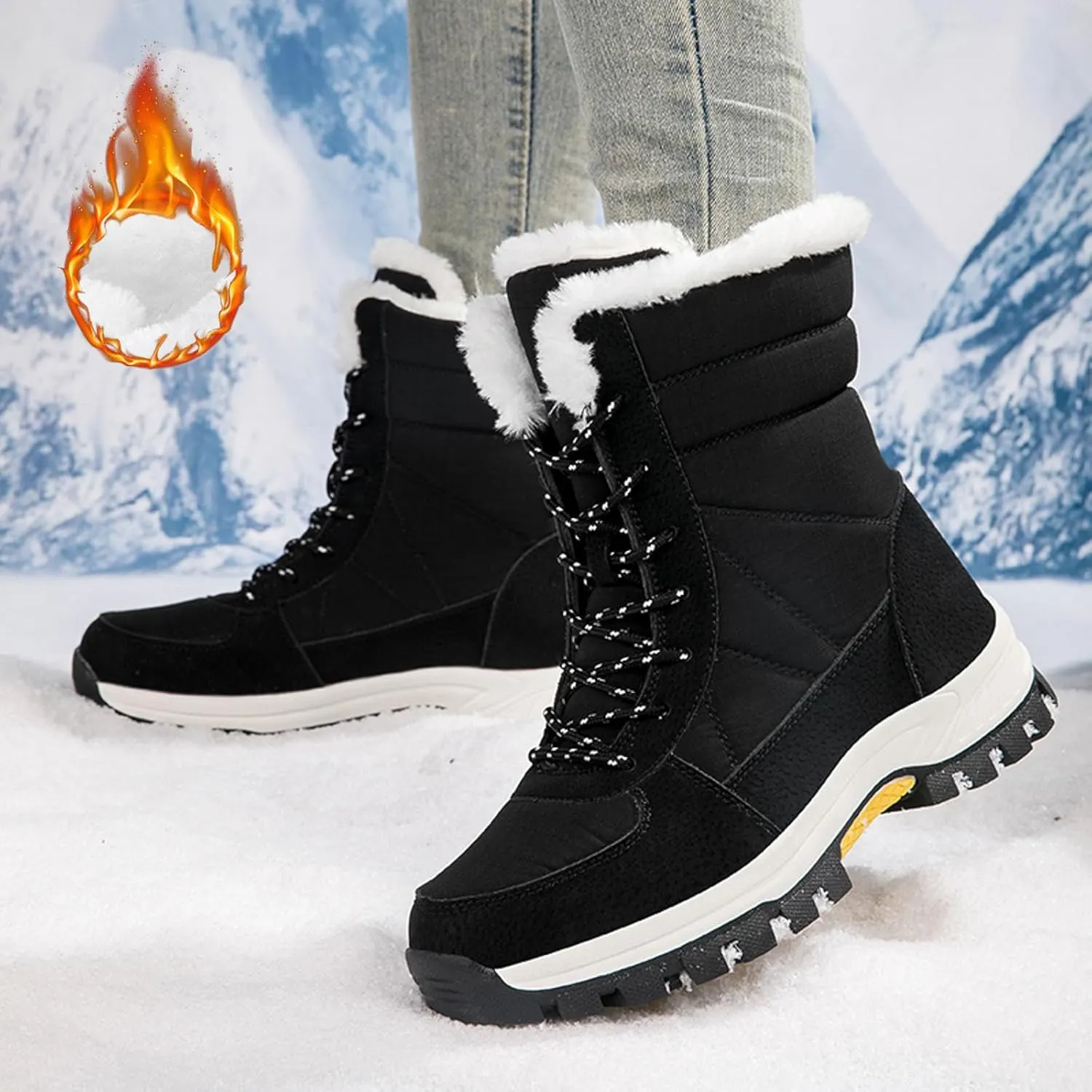 Women's Thick Bottom Snow Boots Fleece Lined Warm Boots Lace Up Mid Calf Boots Winter Outdoor Warm Winter Shoes
