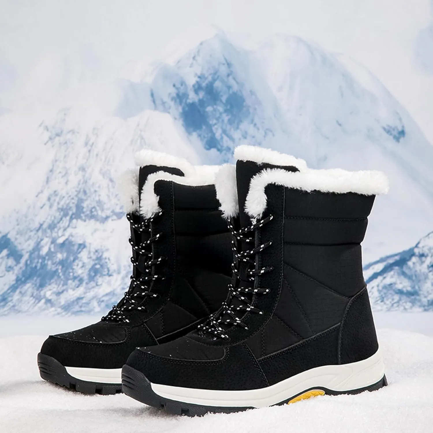 Women's Thick Bottom Snow Boots Fleece Lined Warm Boots Lace Up Mid Calf Boots Winter Outdoor Warm Winter Shoes
