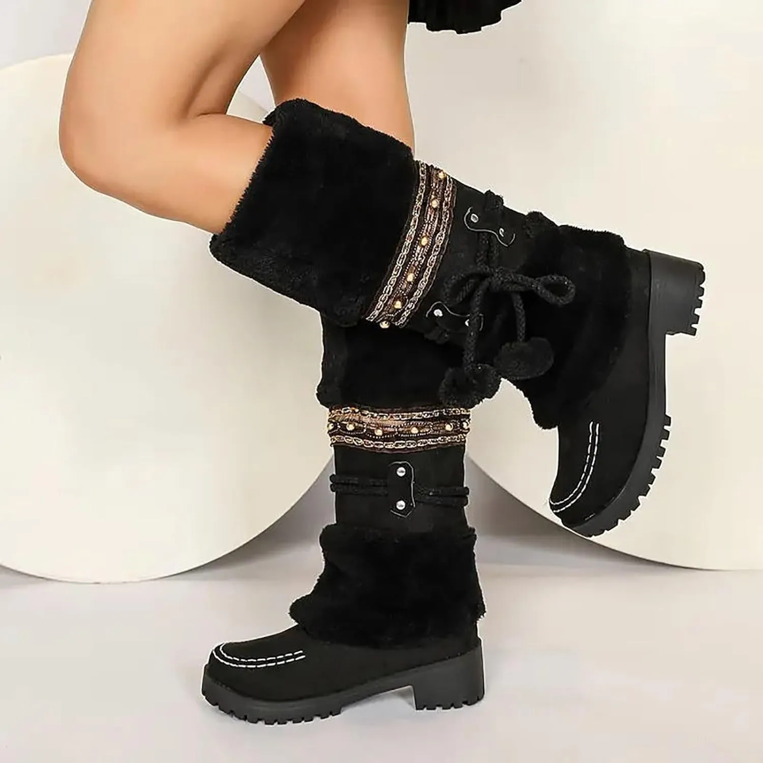 Women's Winter Boots Fleece Lined Warm Snow Boots Middle Heel Non Slip Mid Calf Boots Stylish Winter Boots