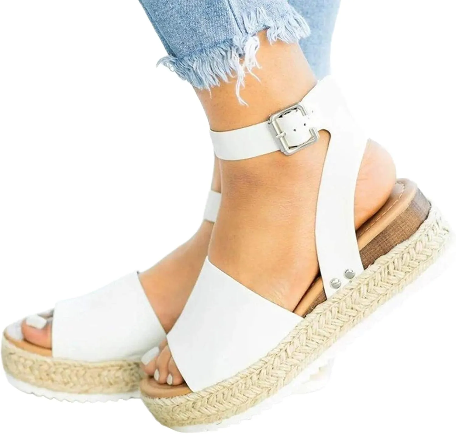 Womenyiaor Platform Sandals for Women Dressy Summer Flat Open Toe Ankle Strap Espadrilles Flatform Wedge Fashion Strappy Comfortable Walking Casual (a-White, 7.5)