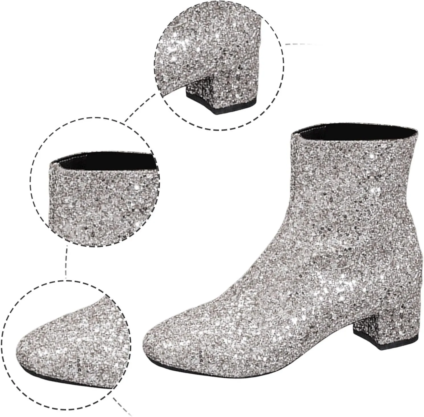 Zipper Glitter Boots For Women Chunky Heel Ankle Booties Silver Sparkle Boots 70'S Disco Boots Sequin Wedding Boots