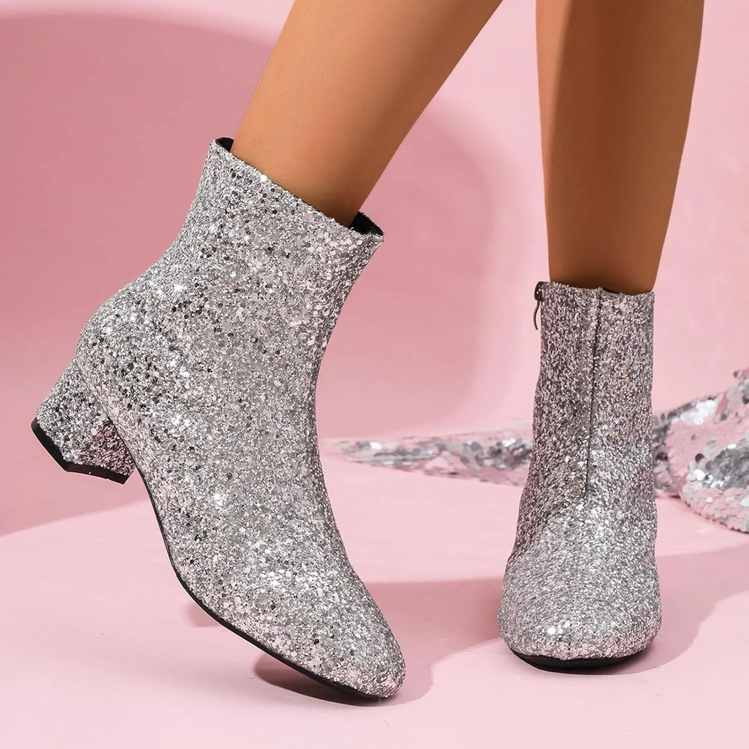 Zipper Glitter Boots For Women Chunky Heel Ankle Booties Silver Sparkle Boots 70'S Disco Boots Sequin Wedding Boots