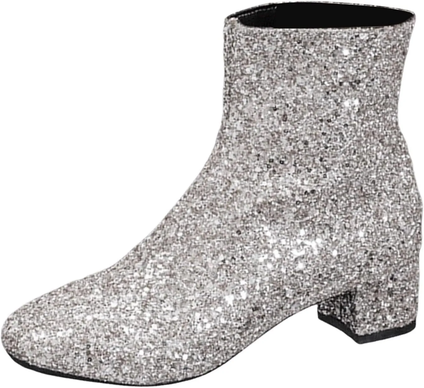 Zipper Glitter Boots For Women Chunky Heel Ankle Booties Silver Sparkle Boots 70'S Disco Boots Sequin Wedding Boots
