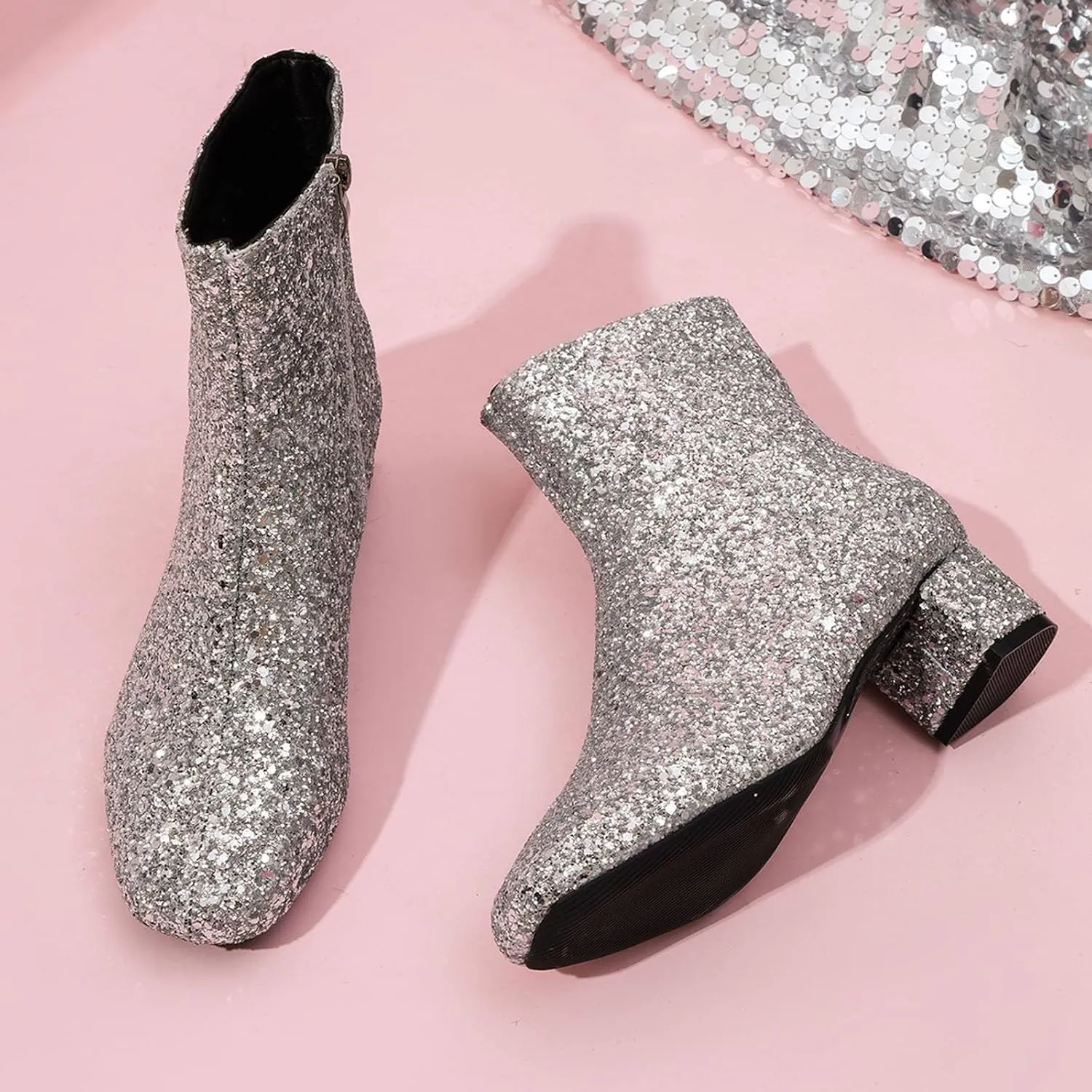 Zipper Glitter Boots For Women Chunky Heel Ankle Booties Silver Sparkle Boots 70'S Disco Boots Sequin Wedding Boots