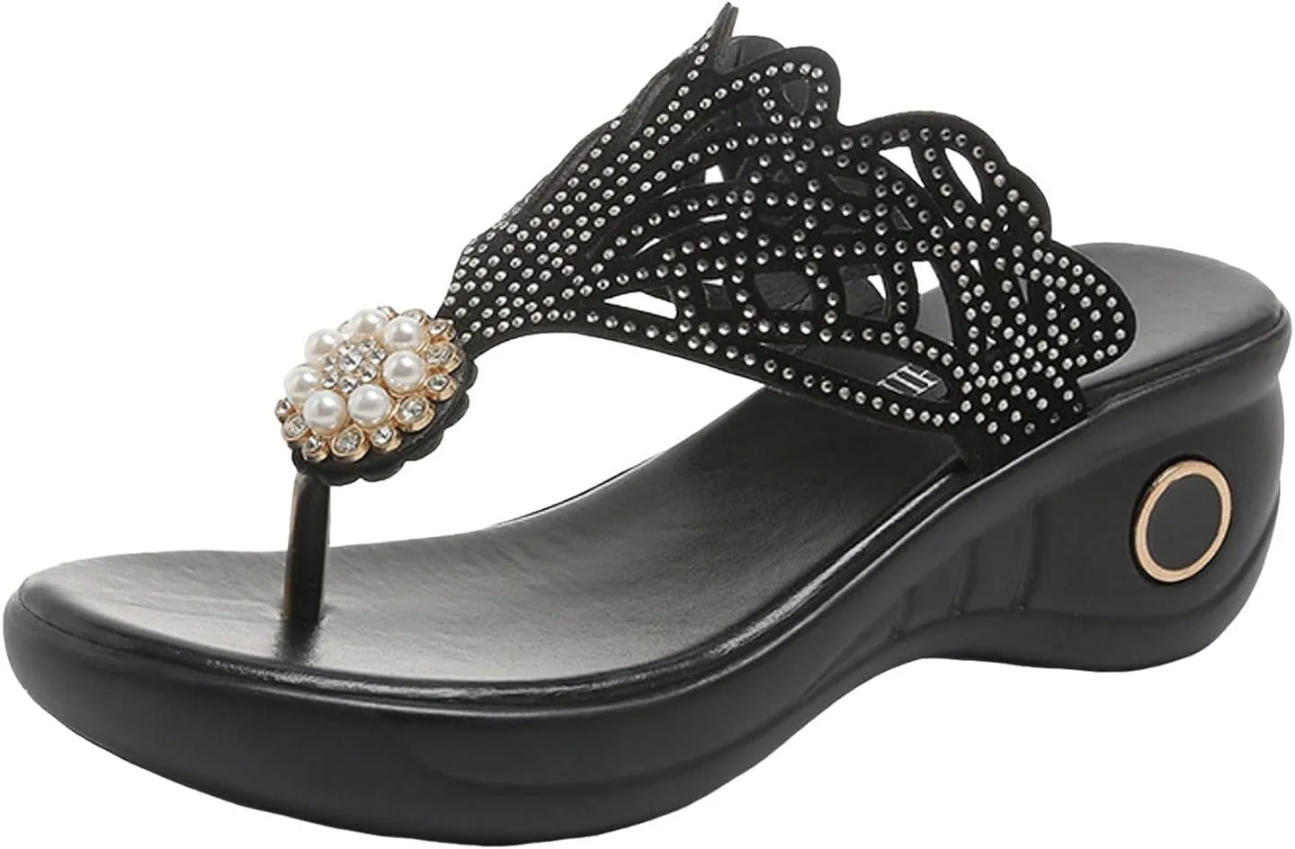ZSpzx Platform Heels for Women,Comfortable Low Heels Summer Dressy Wedge Sandals Open Toe Sandal Womens Thong Rhinestone Pearl Bohe Beach Slip On Cute Slides Casual Slingback Walking Shoes
