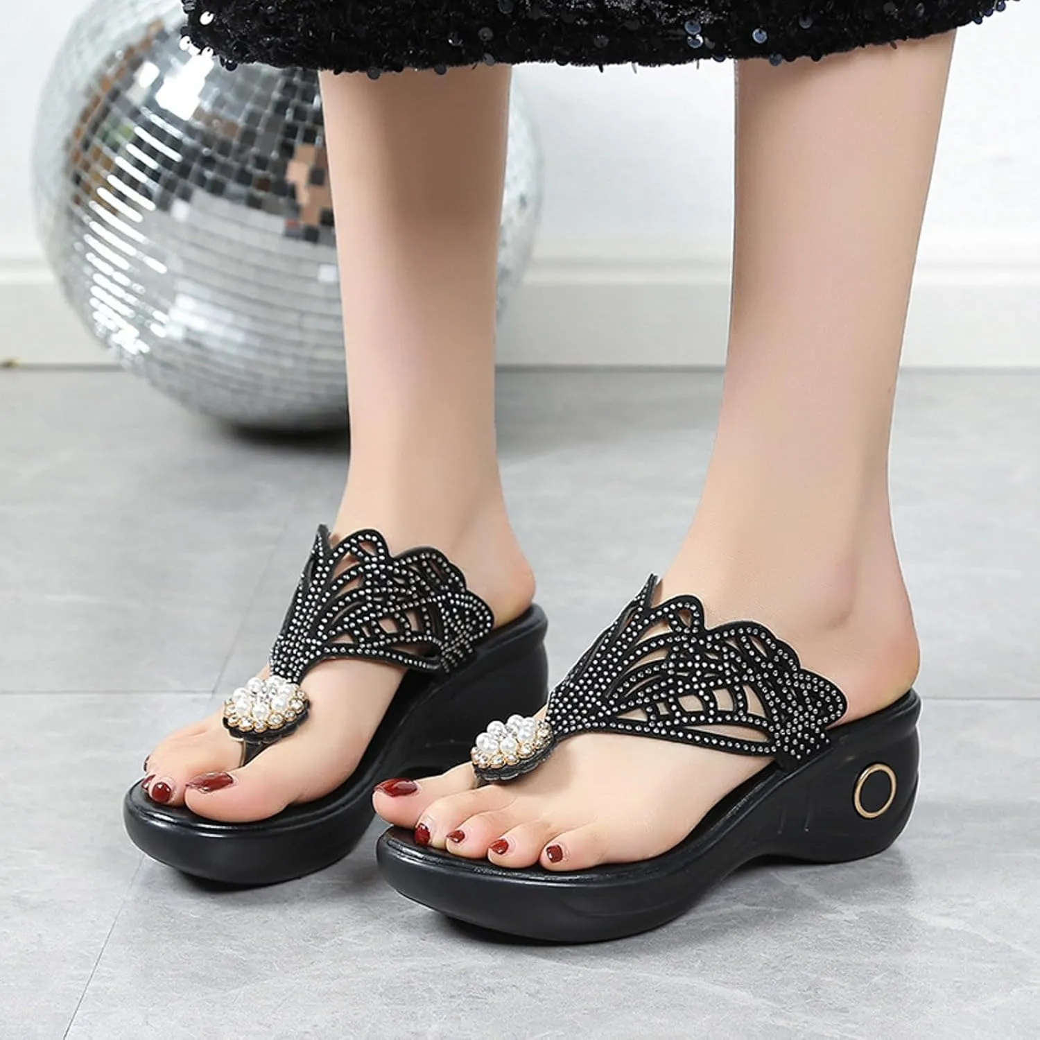 ZSpzx Platform Heels for Women,Comfortable Low Heels Summer Dressy Wedge Sandals Open Toe Sandal Womens Thong Rhinestone Pearl Bohe Beach Slip On Cute Slides Casual Slingback Walking Shoes