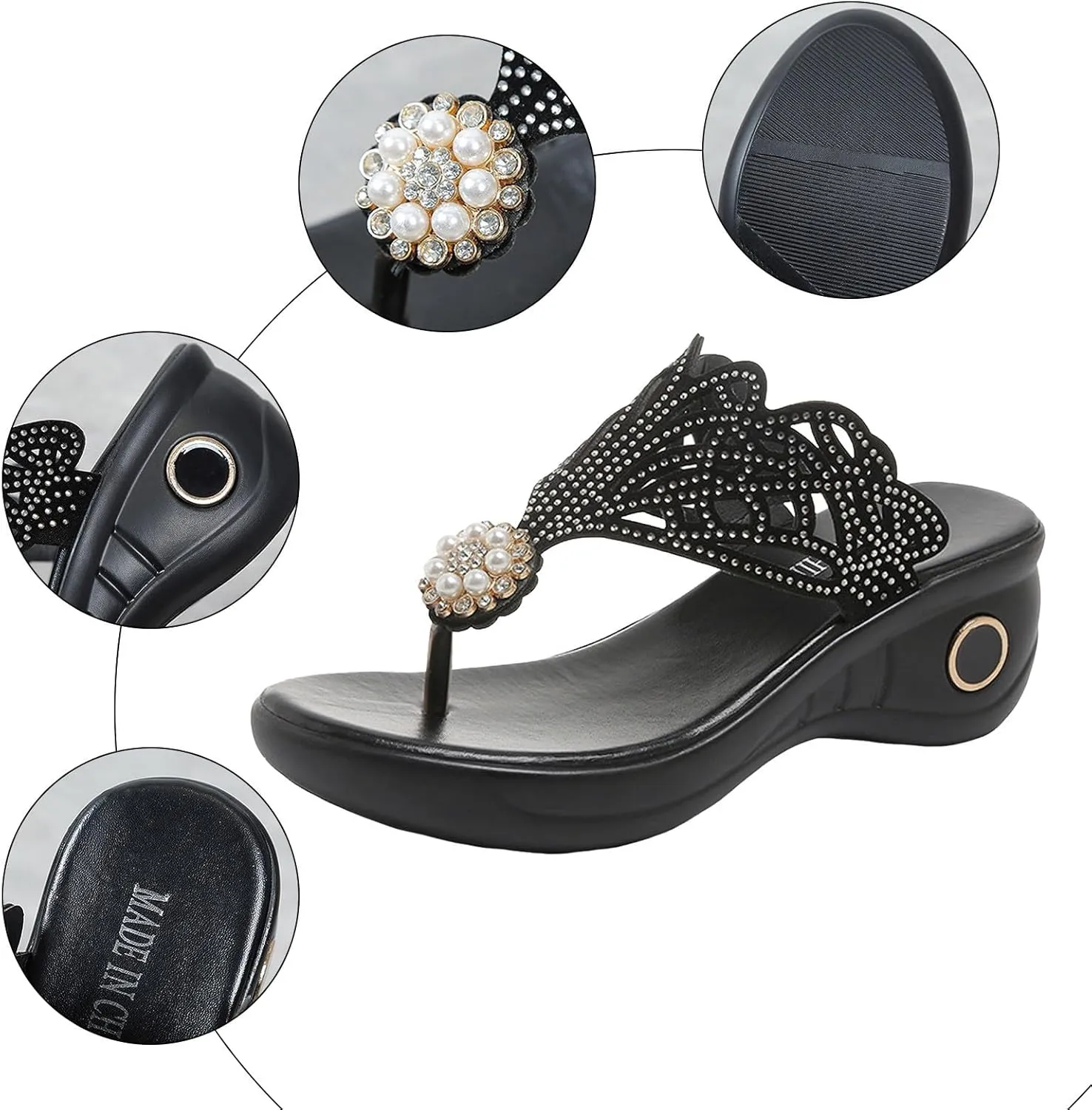 ZSpzx Platform Heels for Women,Comfortable Low Heels Summer Dressy Wedge Sandals Open Toe Sandal Womens Thong Rhinestone Pearl Bohe Beach Slip On Cute Slides Casual Slingback Walking Shoes