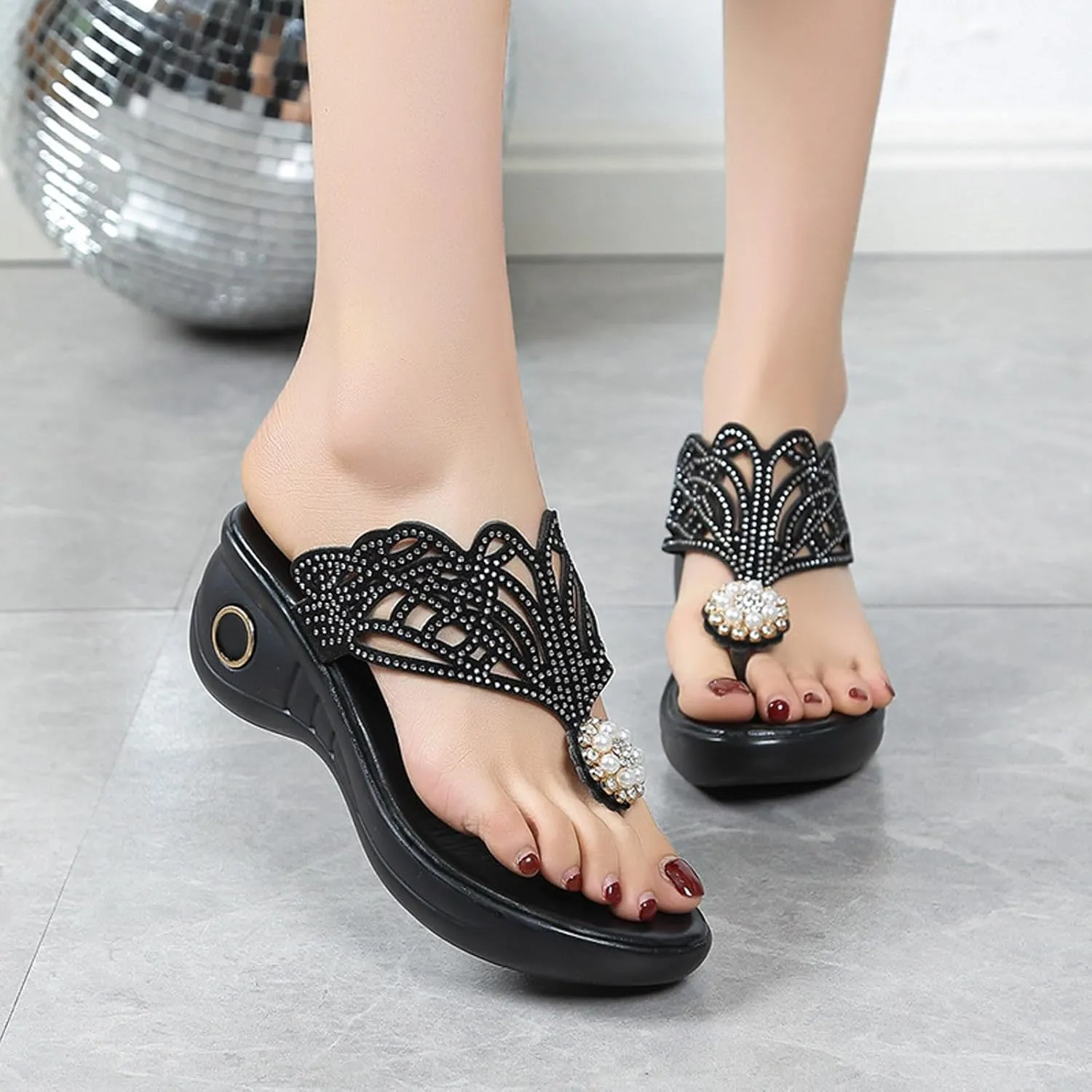 ZSpzx Platform Heels for Women,Comfortable Low Heels Summer Dressy Wedge Sandals Open Toe Sandal Womens Thong Rhinestone Pearl Bohe Beach Slip On Cute Slides Casual Slingback Walking Shoes