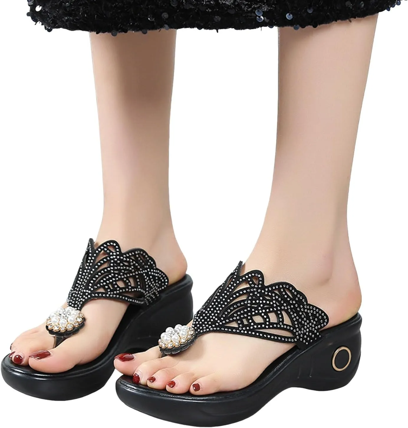 ZSpzx Platform Heels for Women,Comfortable Low Heels Summer Dressy Wedge Sandals Open Toe Sandal Womens Thong Rhinestone Pearl Bohe Beach Slip On Cute Slides Casual Slingback Walking Shoes